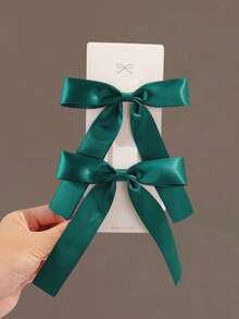 2pcs Girls' Minimalist Casual Multi-Color Bow Ribbon Ponytail Hair Clips, Suitable For Daily Wear And Back To School Season - Dark Green - View 3