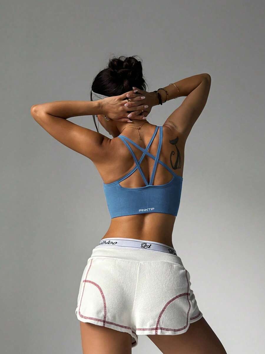PinkTip Cross-Back Shaping Sports Bra, Built-In Bra, Supportive, Seamless, Suitable For Yoga And Casual Sports - Baby Blue - View 1