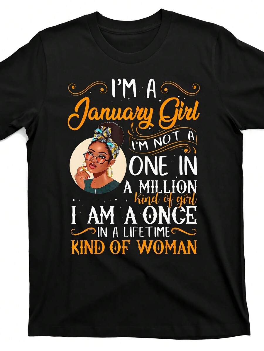 Graphic Tee For Women Born In January Under The Sign Of Capricorn, Featuring An Inspirational Slogan And Floral Design. This Black Top With An Orange And White Print Is Perfect For Casual Street Style, With A Crew Neck And Short Sleeves. It Fits All Adults. - 黑色 - 查看 1