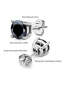 ConiiW 1 Pair 925 Sterling Silver Moissanite 4-Prong Stud Earrings, Fashionable Unisex Couple Earrings - Black - View 6