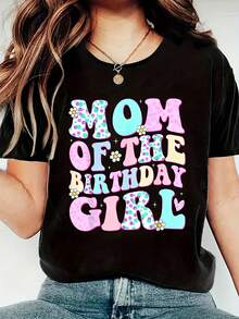 Women'S "Mom Of The Birthday " Graphic T-Shirt - Black Short Sleeve Crew Neck Casual Top With Colorful Flower Design, Perfect For Spring & Summer Celebrations, Birthday Party Clothing | Fun Graphic Tee | Vibrant Print - 黑色 - 查看 1