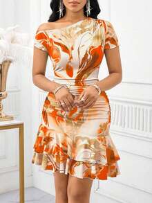 MEXSHEIN Lady Vestido corto de mujer de moda con cuello asimétrico y volantes en el bajo, de unicolorMEX J0NJ - Naranja - Ver 7