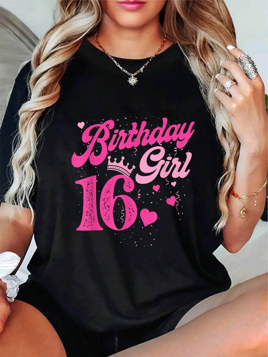 Elegante 16 cumpleaños corona impresión gráfica, manga corta cuello de la tripulación top casual para el verano y la primavera, ropa de mujer