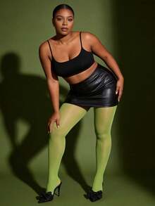 1 Pair Plus Size Opaque Solid Color Pantyhose, High Waist Full Coverage Green Tights - Multicolor - View 4