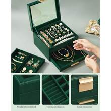 SONGMICS Caja de Joyas Caja Joyero de Estuche de Joyería 2 Cajones Tapa de Cristal Amplio Espacio y Dorado MJBC239C01 - Verde Bosque  Dorado - Ver 7