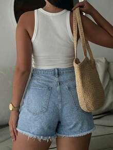 Damen Sommer Strand Urlaub lässig Destroyed Fransensaum Sexy Figurbetonter Jeans Shorts, Y2K Stil - Helle Waschung - Übersicht 2