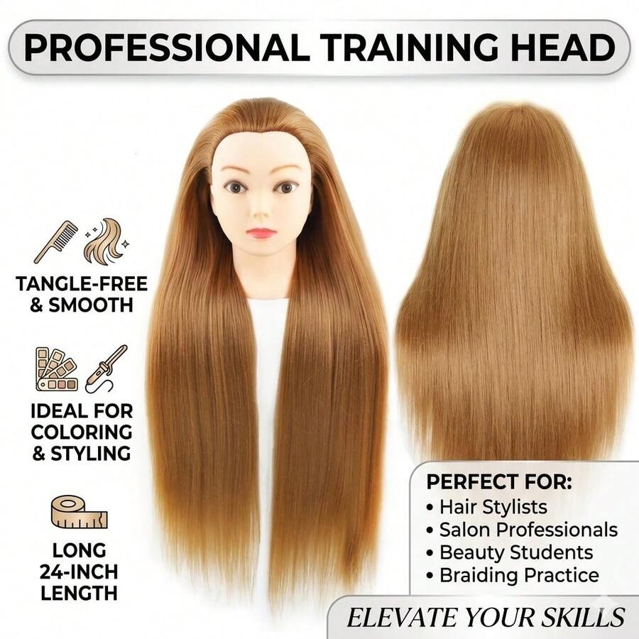 Mô hình đầu người để thực hành làm tóc, tóc dài thẳng màu nâu, có thể uốn, nhuộm, tết và tạo kiểu. Mô hình đầu người có giá đỡ. - Xem 1
