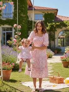 Bohemian women's floral off shoulder long skirt with ruffled edges - paired with family clothing - summer floral layered dress - Rosa - Ver 7