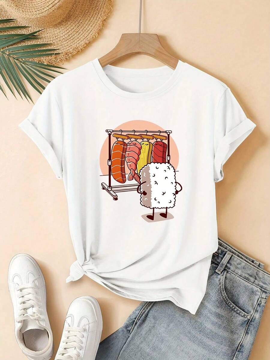 Women's Sushi Print T-Shirt - Cartoon Meat Grill Sushi Short Sleeve Crew Neck Blouse-Top | Machine Washable Casual Summer Wear Suitable For Home, Office, Gifts For Sushi Lovers - 白色 - 查看 1
