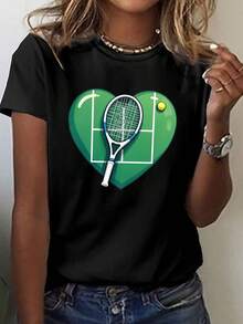 Women's Heart Of The Court And Racket Print T-Shirt - Short Sleeve Crew Neck Casual Top With Geometric Themed Medium Stretch Fabric Suitable For Summer, Spring And All Year - 黑色 - 查看 1