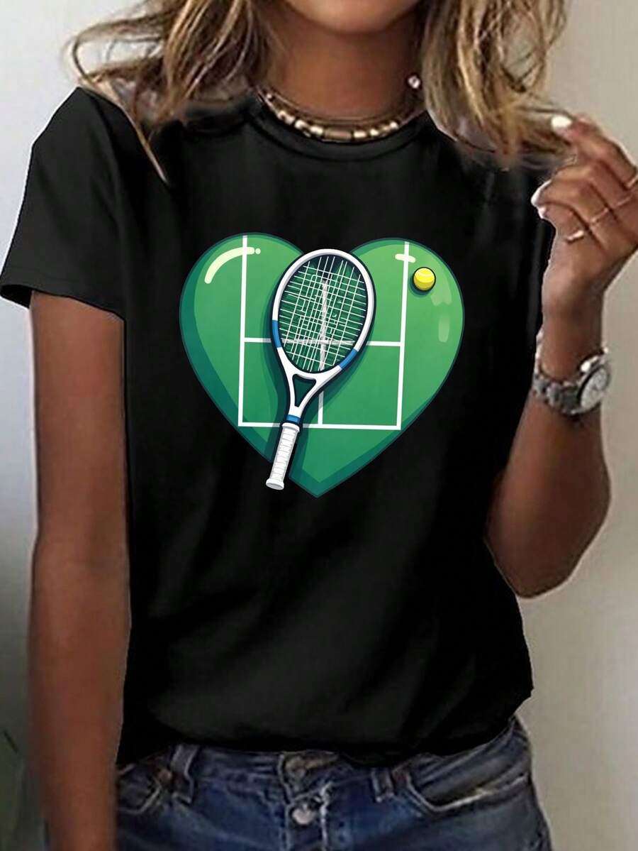 Women's Heart Of The Court And Racket Print T-Shirt - Short Sleeve Crew Neck Casual Top With Geometric Themed Medium Stretch Fabric Suitable For Summer, Spring And All Year - 黑色 - 查看 1