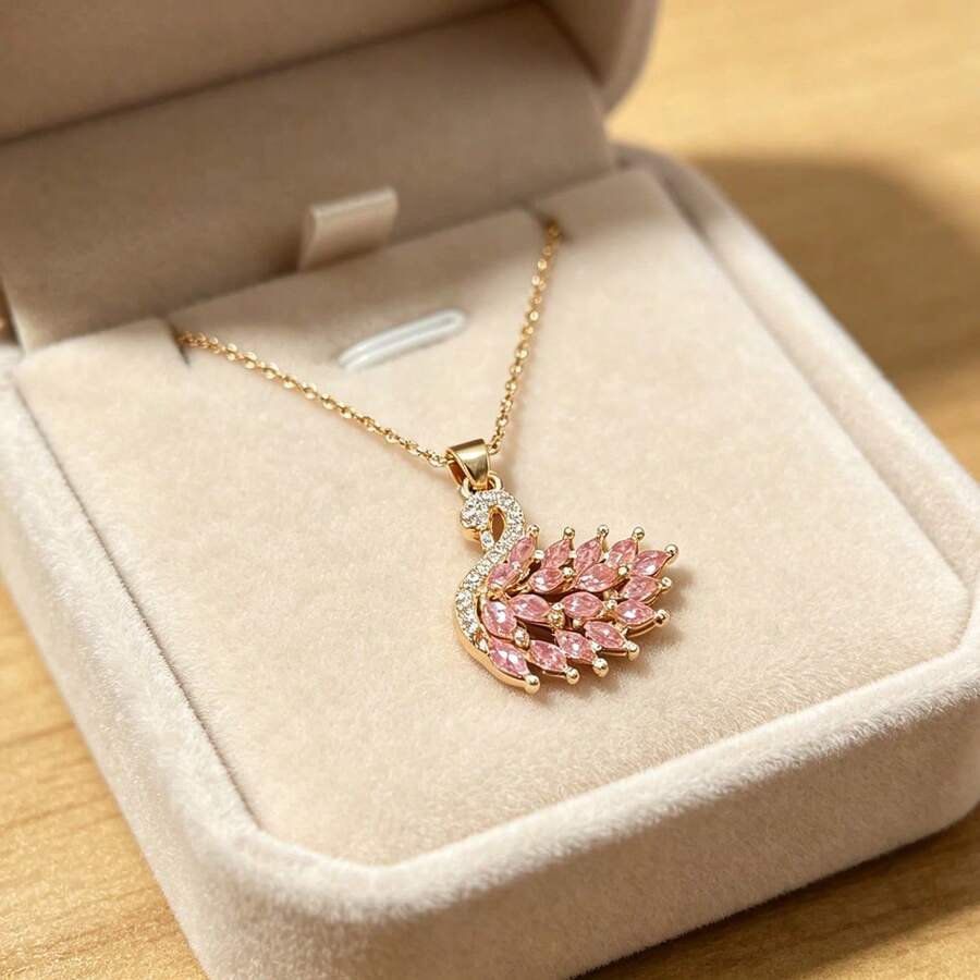 1 chiếc vòng cổ mặt thiên nga đính đá Cubic Zirconia, thích hợp làm quà tặng cho phụ nữ, vòng cổ cô dâu đeo hàng ngày, lý tưởng cho các dịp hẹn hò - Vàng - Xem 1