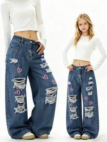 1 chiếc quần jeans nữ kiểu dáng thường ngày, phong cách đường phố, họa tiết trái tim, cạp chun, ống đứng, rách nhẹ, thích hợp cho mùa xuân/thu. - Rửa tối - Xem 1