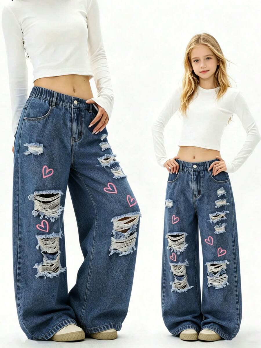 1 chiếc quần jeans nữ kiểu dáng thường ngày, phong cách đường phố, họa tiết trái tim, cạp chun, ống đứng, rách nhẹ, thích hợp cho mùa xuân/thu. - Rửa tối - Xem 1