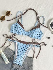 Bikini de mujer con estampado de lunares y rayas retro, casual y elegante para vacaciones, festivales de música, carreras de caballos, Kentucky Derby - Celeste - Ver 2