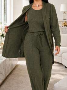 Women's 3-Piece Casual Set, Comfortable And Stylish, Suitable For Everyday Wear At Home, Street, Office, Airport, Garden, And Autumn/Winter. - 軍綠色 - 查看 4