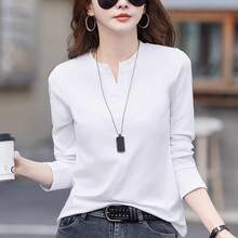 Camiseta de manga larga de algodón puro rojo vino para mujer en primavera y otoño, nueva moda de talla grande con cuello en V, top informal ajustado - Negro - Ver 3