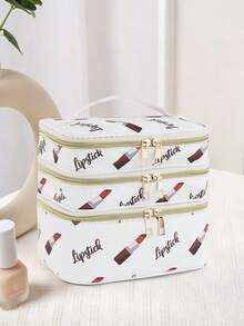 1pc Multi-Purpose 3-Layer Handheld Makeup Bag With Lipstick Print, Durable Material Large Capacity Travel Organizer - Multicolor - View 6