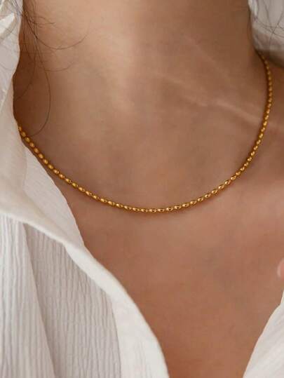 1pc Golden Silvery Stainless Steel Beaded Chain Necklace Fashionable Rice Grain Chain Necklace For Woman Gift For Daily Wear Beach Vacation