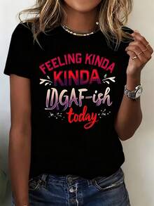 Casual Cartoon Crew Neck Short Sleeve T-Shirt | Kinda Kinda Idgafish Today Feeling, Fashion Elegance, Style, Perfect For Family Gatherings And Parties, Women's Fashion [Claim My Gift] - 黑色 - 查看 1