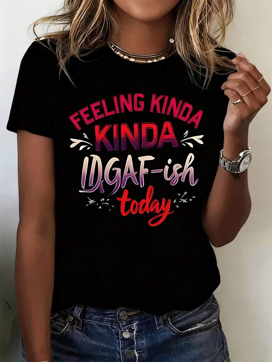 Casual Cartoon Crew Neck Short Sleeve T-Shirt | Kinda Kinda Idgafish Today Feeling, Fashion Elegance, Style, Perfect For Family Gatherings And Parties, Women's Fashion [Claim My Gift] - 黑色 - 查看 1