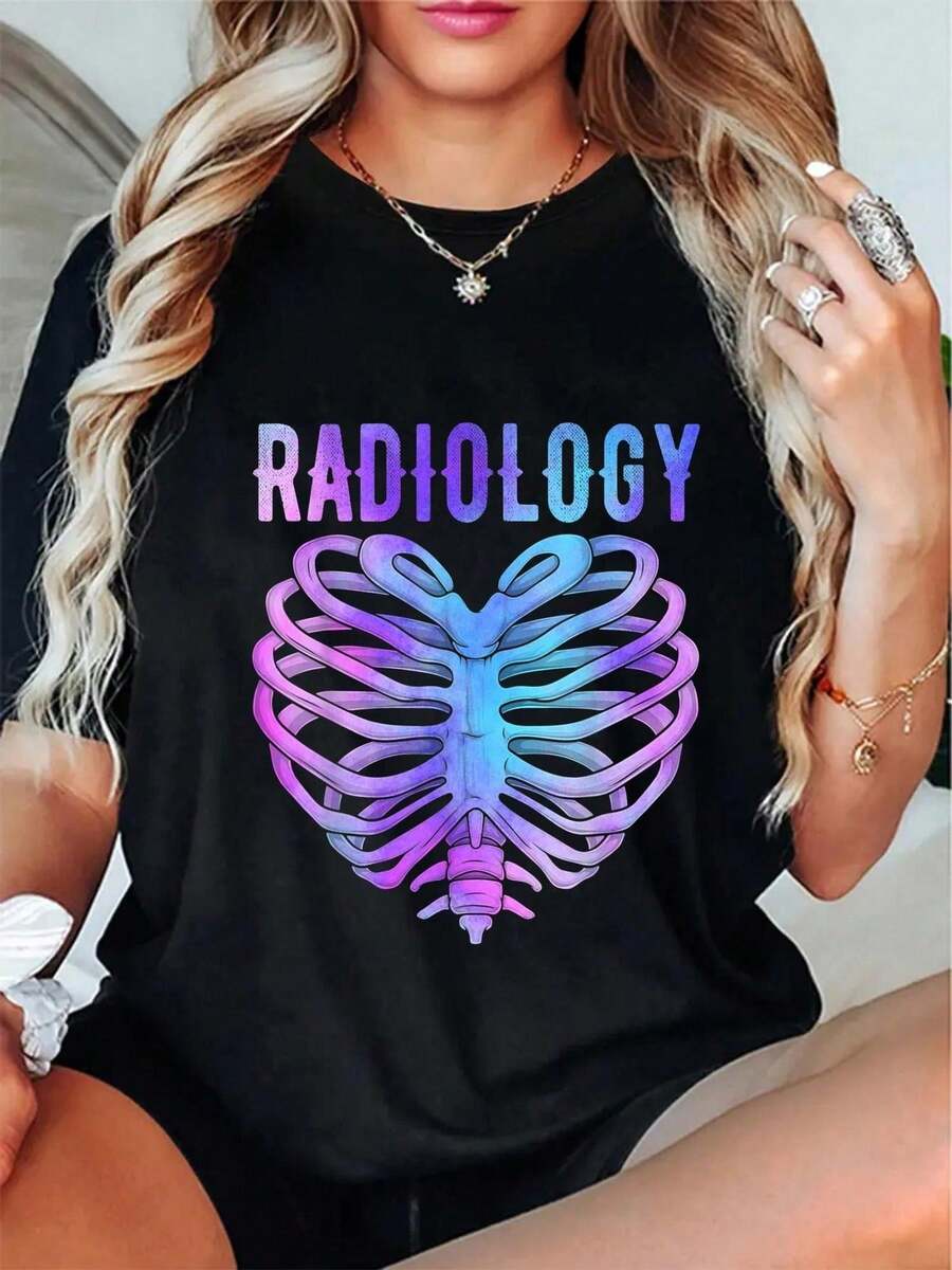 Plus Size - Radiology Heart Ribcage Tie-Dye Graphic T-Shirt - Xray Technologist Design, 100% Unisex Casual Tee, Black with Purple-Pink Gradient, Short Sleeve Round Neck, Machine Washable, Leisure Clothing, Statement Shirt, Comfortable Fit, Printed Top, Plus Size