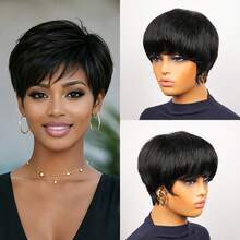 Short Straight Pixie Cut Human Hair Wig With Bangs For Women Layered Remy Brazilian Human Hair Wig Elastic Net Full Machine Made Human Hair Wig Natural Black Colored Wig Holiday Wear Party Wear Daily Wear Music Festival - Natural Black - View 4
