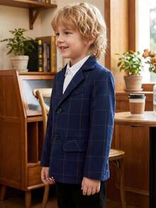 3-10 Years Old Boys Plaid Suit Jacket With Buttons, Lapel Formal Blazer, Navy Blue - Navy Blue - View 4