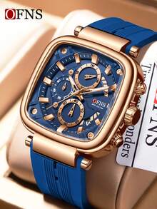 OFNS Men's Punk Style Square Large Dial Quartz Watch, Cool Multifunction Chronograph Stopwatch, 5ATM Waterproof, Soft Silicone Strap, Fashion Street Wristwatch - Blue - View 16