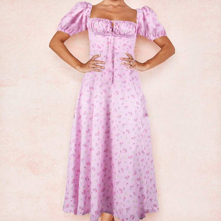 2026 Spring New Women's Clothing: Cross-Border European And American Dress, Elegant Floral Print Long Dress With Slit And Tie - 新花粉花 - 查看 11