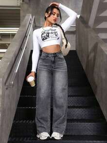 Pantalones vaqueros anchos sueltos y versátiles de mujer con diseño de bolsillos - Gris - Ver 3
