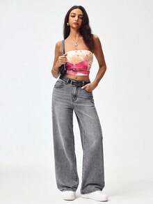 Pantalones vaqueros anchos sueltos y versátiles de mujer con diseño de bolsillos - Gris 2 - Ver 3