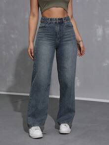 Pantalones vaqueros anchos sueltos y versátiles de mujer con diseño de bolsillos - Azul lavado oscuro - Ver 3