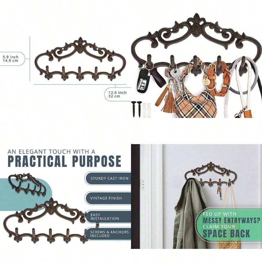 percha de ropa de hierro fundido para montar en la pared diseño clásico con 5 ganchos llaves toallas batas ropa y más montado en la pared metal resistente rústico clásico 12.6 x 5.9 - Marrn - Ver 1