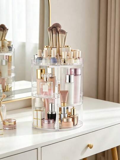 360 Degree Rotating Desktop Storage Rack, Acrylic Box Cosmetic Organizer Suitable For Lipstick, Skincare, Makeup Display Rack, Suitable For Vacation, Beach, Bathroom, Bedroom And More Scenes, Large Capacity