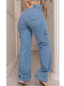 Calça Wide Leg Cargo Jeans Clara Feminina - Estilo e Conforto em Alta - Lavagem clara - Visão 2