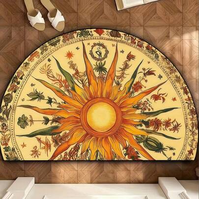 1 pieza Felpudo con patrón de pétalos de girasol vintage en semicírculo - Antideslizante, lavable a máquina, para interior/exterior - Adecuado para sala de estar, dormitorio, baño, cocina, lavandería - Poliéster, respaldo de PVC, pelo medio, rectangular, ligero, impermeable