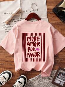 女士夏季宽松圆领短袖T恤，印有“MORE AMOR POR FAVOR”条纹图案，适合派对、度假、办公、日常、约会、聚会、街头穿着，夏季必备休闲粉色T恤 - 粉色 - 查看 4