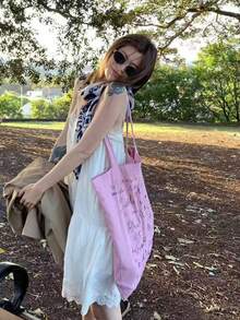 Back To School Niche Design Ins Style Retro Casual Summer Commute Outing Daily Street Relaxed Letter Print Canvas Tote Bag, Large Capacity Shoulder Underarm Women Handbag - Pink - View 3
