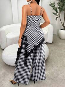 Conjunto de camiseta y pantalón de pierna ancha con estampado de cuadros en blanco y negro, elegante y sexy, con encaje y bajo asimétrico, adecuado para ir de compras, pequeñas reuniones en verano - Negro - Ver 3