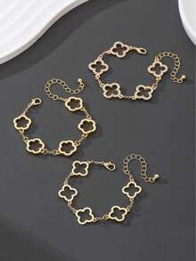 3pcs Set Elegant Hollow Clover Rhinestone Decorated Bracelet, Classic & Versatile Gold-Tone Girl Bracelet Set - Multicolor - View 5