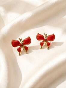 1 Pair Handmade Vintage Red Enamel Gold Trim Butterfly Stud Earrings, Elegant Delicate Outline Design, Suitable For Daily Commute, School, Summer Vacation, Dates & Mother's Day Gifts - Multicolor - View 13