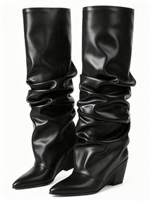 Winter Boots Women Slouched Ruched Fold Over Boots Covered Wedge Block Heel Knee High Punk Gothic Fashion Luxury Shark Shoes For Woman - 黑色 - 查看 3