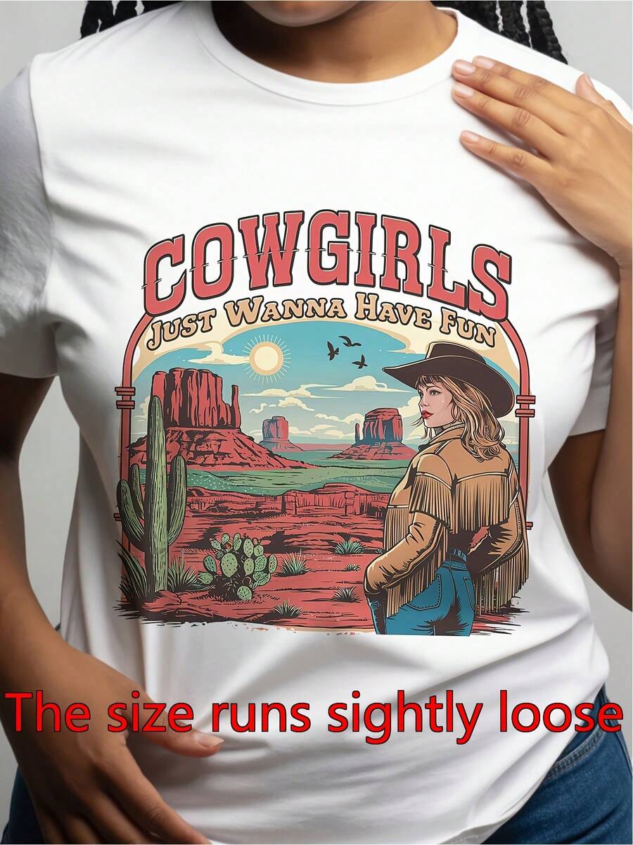 Camiseta de mujer occidental vaquera - Vintage desierto paisaje y vaquera camiseta gráfica con cactus y equitación adecuado para las fiestas temáticas occidentales, trajes informales, Ranch Wear, lavable a la máquina cuello redondo suave manga corta superior