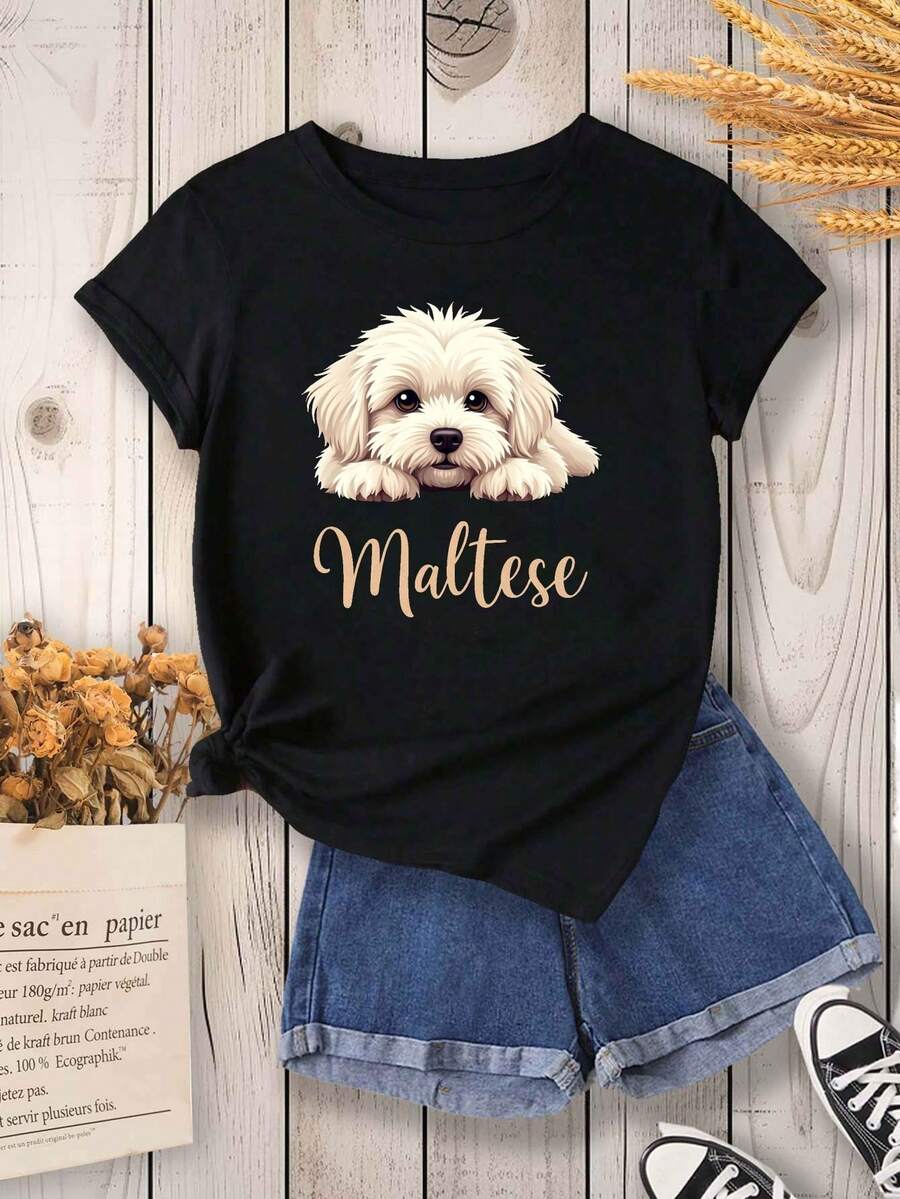 Camiseta de cuello de tripulación de manga corta con ilustración de perro maltés, perfecta para primavera y verano, diseñada para mujeres