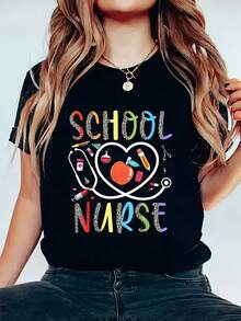 Camiseta de cuello de tripulación de manga corta de verano de las mujeres - Top opaco casual con impresiones gráficas delanteras y traseras adecuadas para verano y primavera - Negro - Ver 2