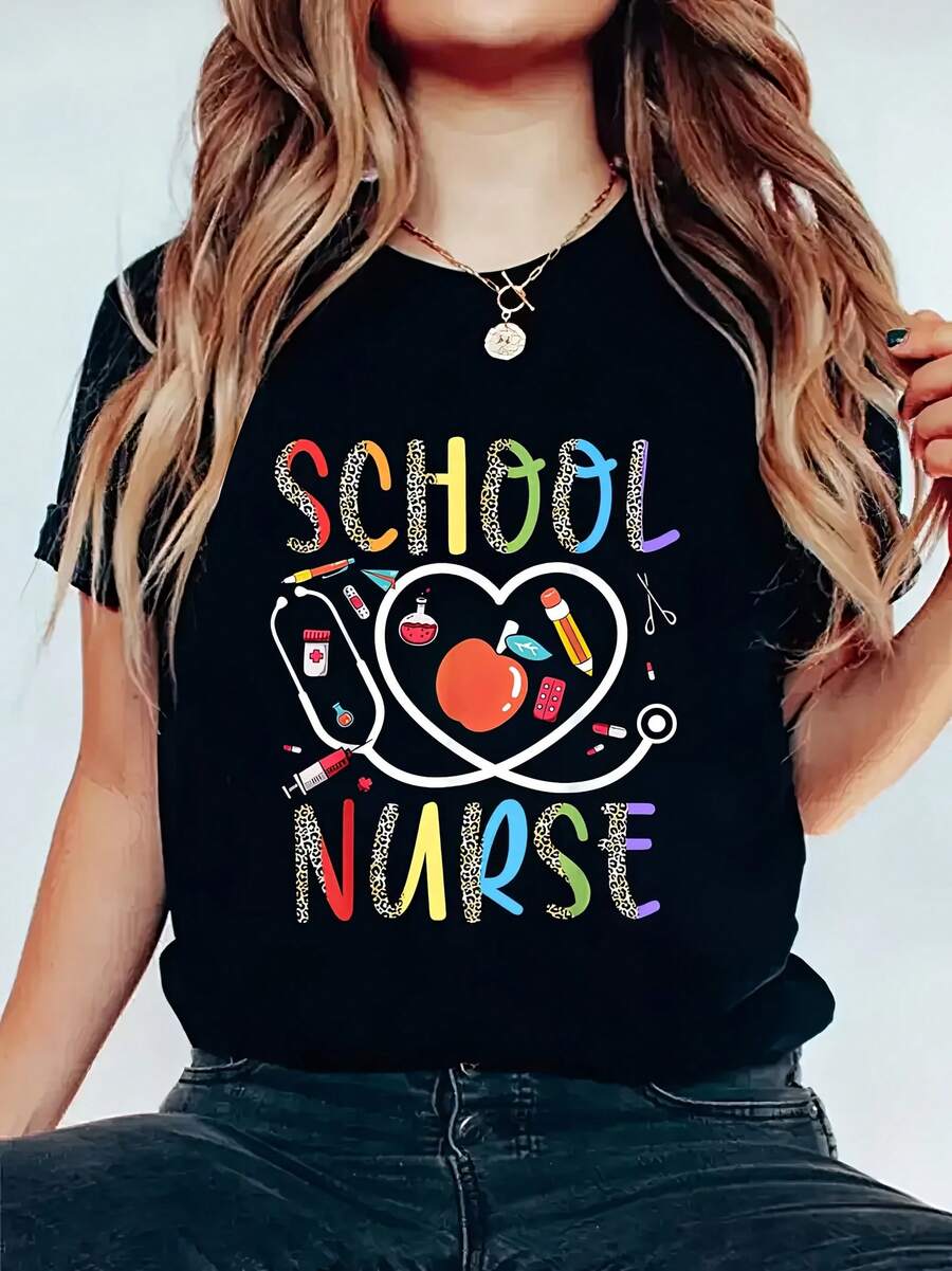 Camiseta de cuello de tripulación de manga corta de verano de las mujeres - Top opaco casual con impresiones gráficas delanteras y traseras adecuadas para verano y primavera