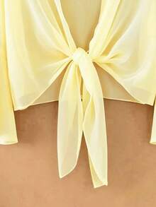 Casual Solid Color Chiffon Front Tie Bow Blouse, Flare Sleeve, Suitable For Vacation & Daily Wear, Summer - Light Yellow - View 5