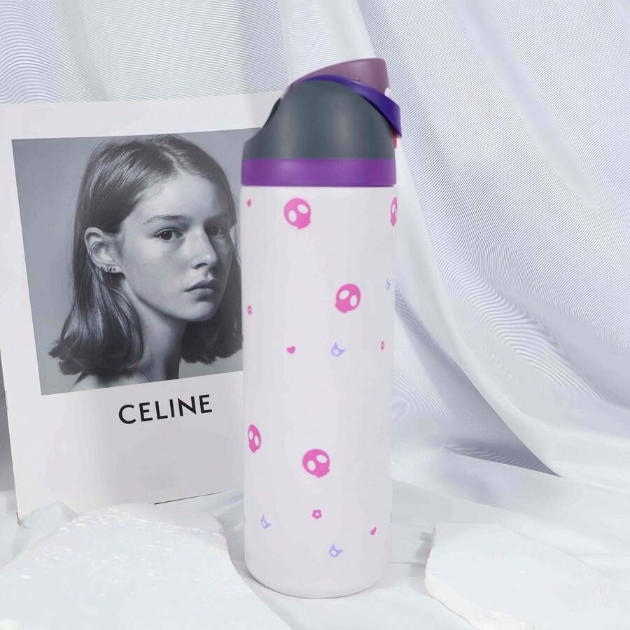 24oz Pastel Skull & Heart Insulated Water Bottle, Stainless Steel Leak-Proof Tumbler For Hot & Cold Drinks - Màu Hồng baby - Xem 1