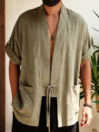Áo khoác kimono nam mùa hè tay ngắn, túi điều chỉnh được, dáng rộng, mở phía trước, thắt eo, trang phục truyền thống châu Á của GOLDREDY.